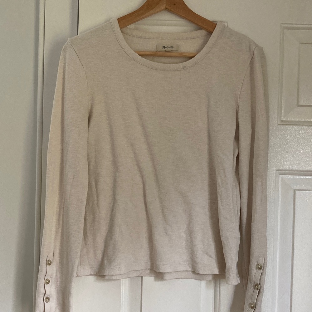 Madewell Cream Long-Sleeve Crewneck Top with Cuff Buttons